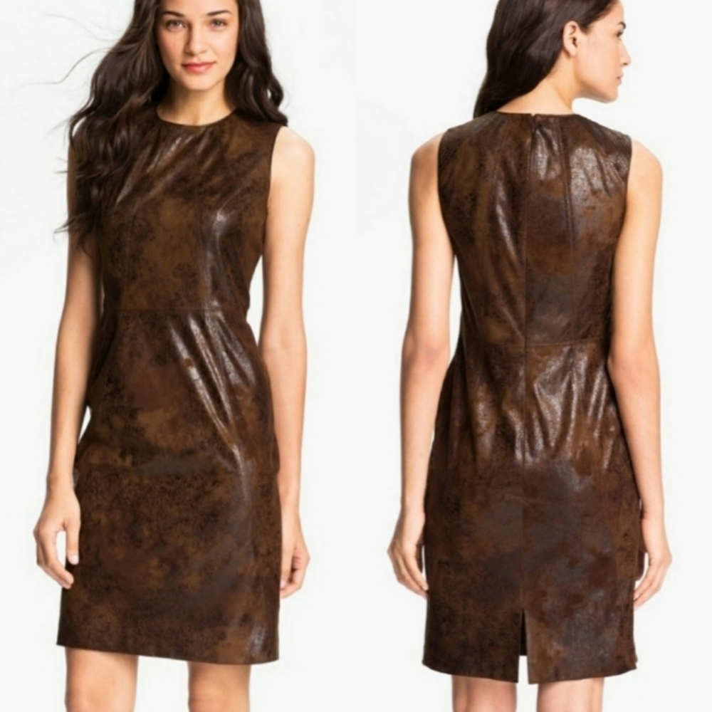 [Vince Camuto] Brown Faux Leather Sheath Dress